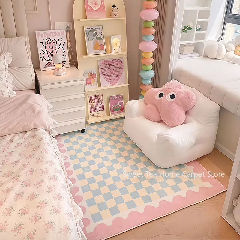 Korean Ins Checkerboard Style Bedroom Bedside Mat Washable Antiskid Large Living Room Floor Carpet Soft Plush Study Area Rugs