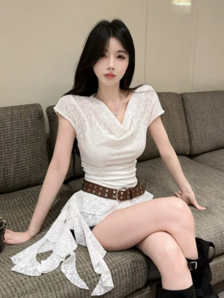 

Pure Desire Sweet Spicy Short Sleeve Lace Shirt Women Summer White Design Irregular Base Top Knot Tie Neck Gown Female