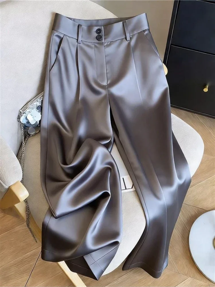 Elegant Wide Leg Pants Women High Waist Silk Satin Suit Pants Ladies Champagne Gray Solid Color Fashion Women's Trousers Autumn
