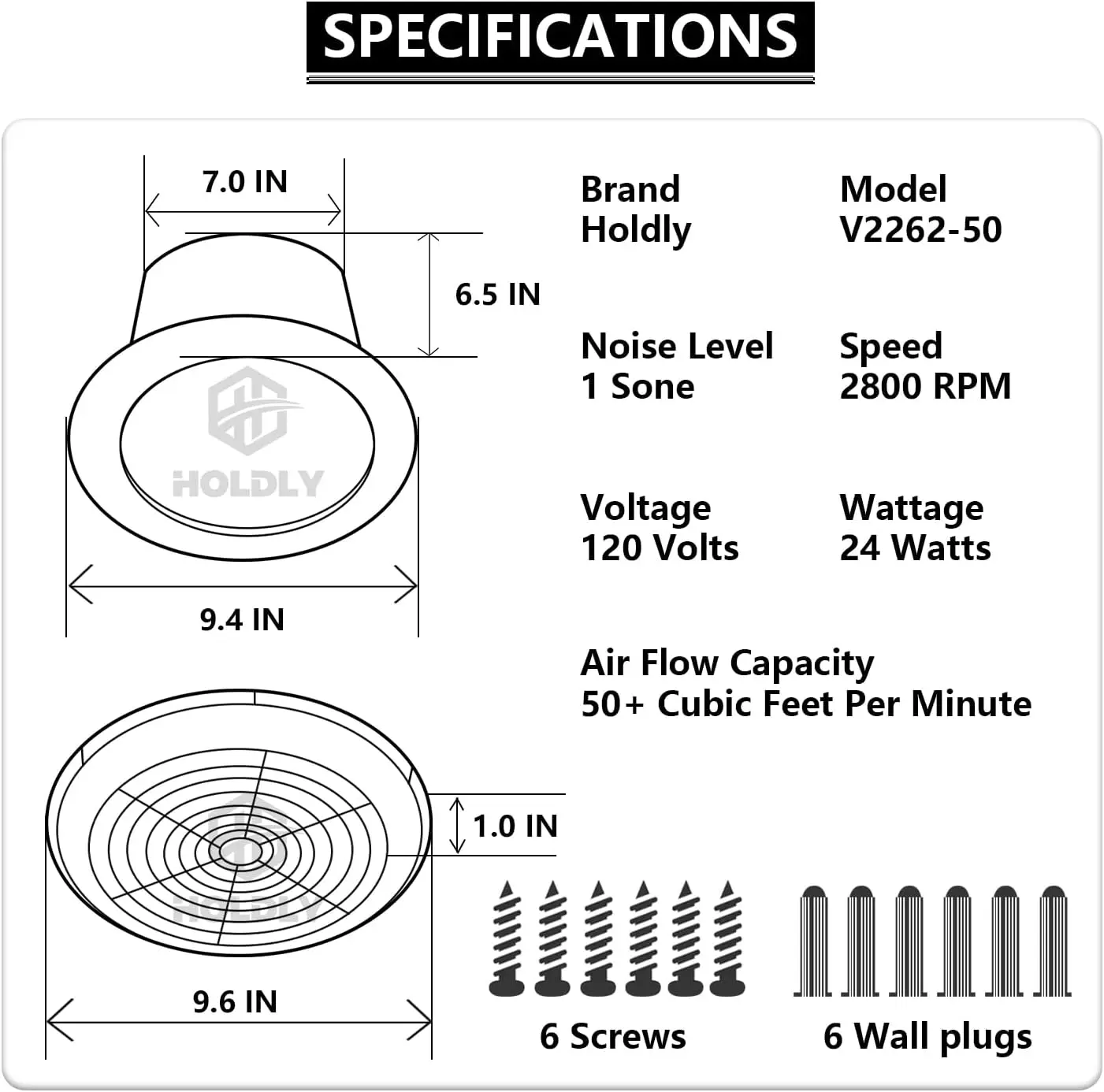 V2262-50 Exaustor de banheiro de 7 polegadas, 50 CFM, 1.0 Sones, Exaustor de teto de 7', para abertura áspera de 8 polegadas de diâmetro, ideal