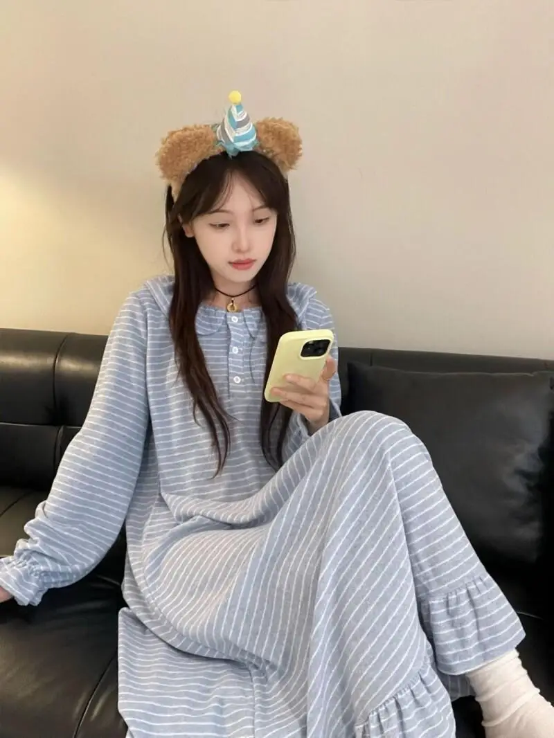 autumn winter Women's pajamas fleece-lined keep warm minimalist stripe Sleepwear leisure long style nightdress girl homewear