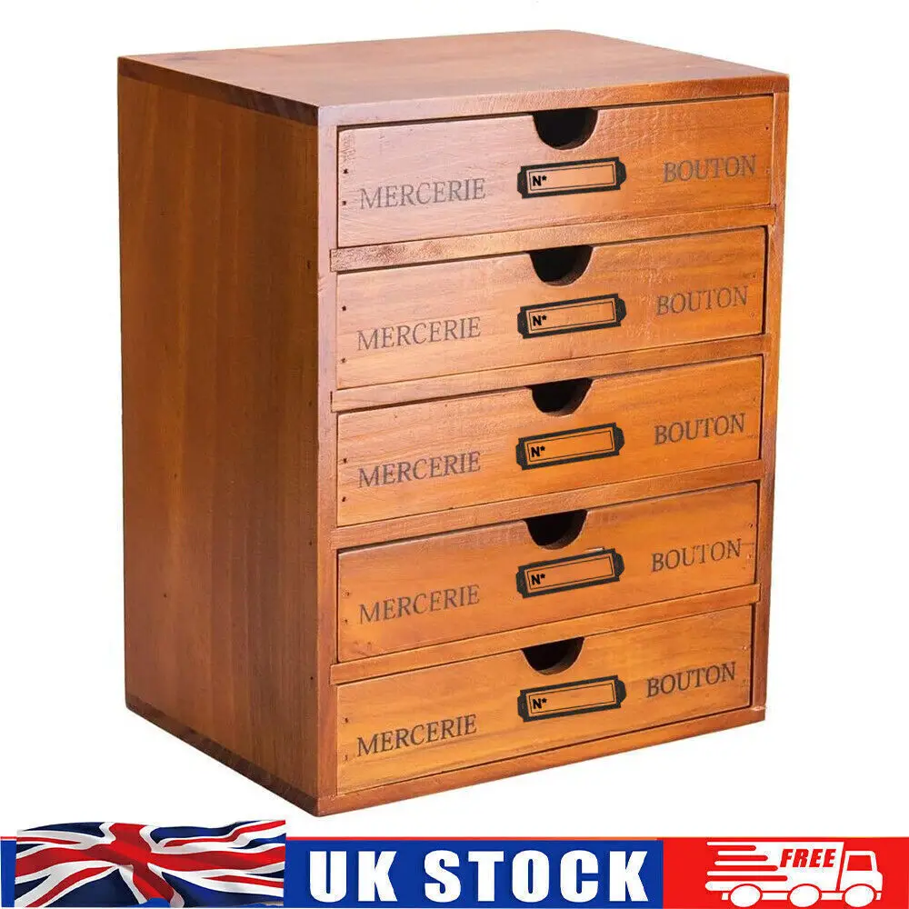 5 Tier Wooden Vintage Chest Of Drawers Desktop Jewelry Box Sundries Holder Shelf