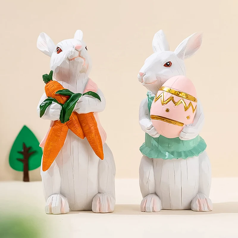 1PC Happy Easter Decoration Cute Resin Bunny Carrot Figurine Ornaments Simulated Rabbit Statue Model Home Desktop Decor Crafts