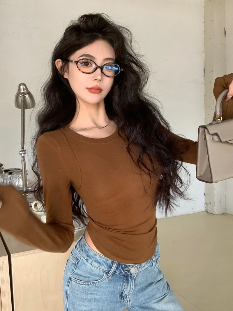 Skin-friendly Cashmere Cotton Sexy Chic Women Shirt Autumn Spring Long-sleeved Slim Cropped Tops Y2k Party Club Streetwear