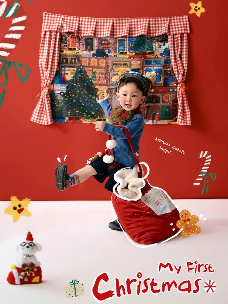 Trendy Design Children Photography Costume Kit-Blue Striped Sweater+plaid Beret+Christmas Scarf+shorts+glasses for Photo Studio