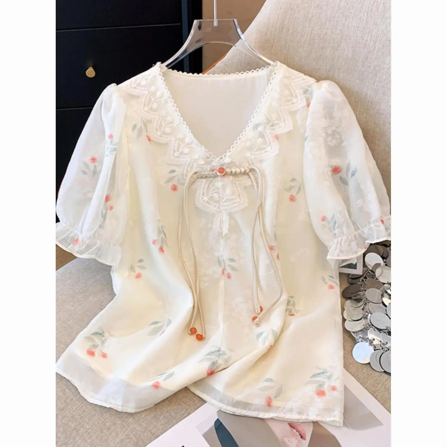 2026 New Chinese Style Fashion V-Collar Printed Tassel Frog Button Blouse Women Summer Versatile Age-Reducing Chiffon Top