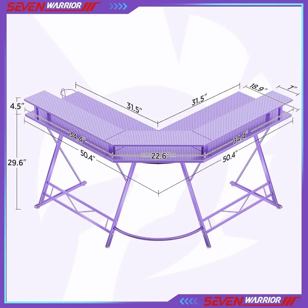 Bureau de jeu en forme de L avec lumière LED et prises de courant, surface en fibre de carbone, support de moniteur, 50.4 pouces