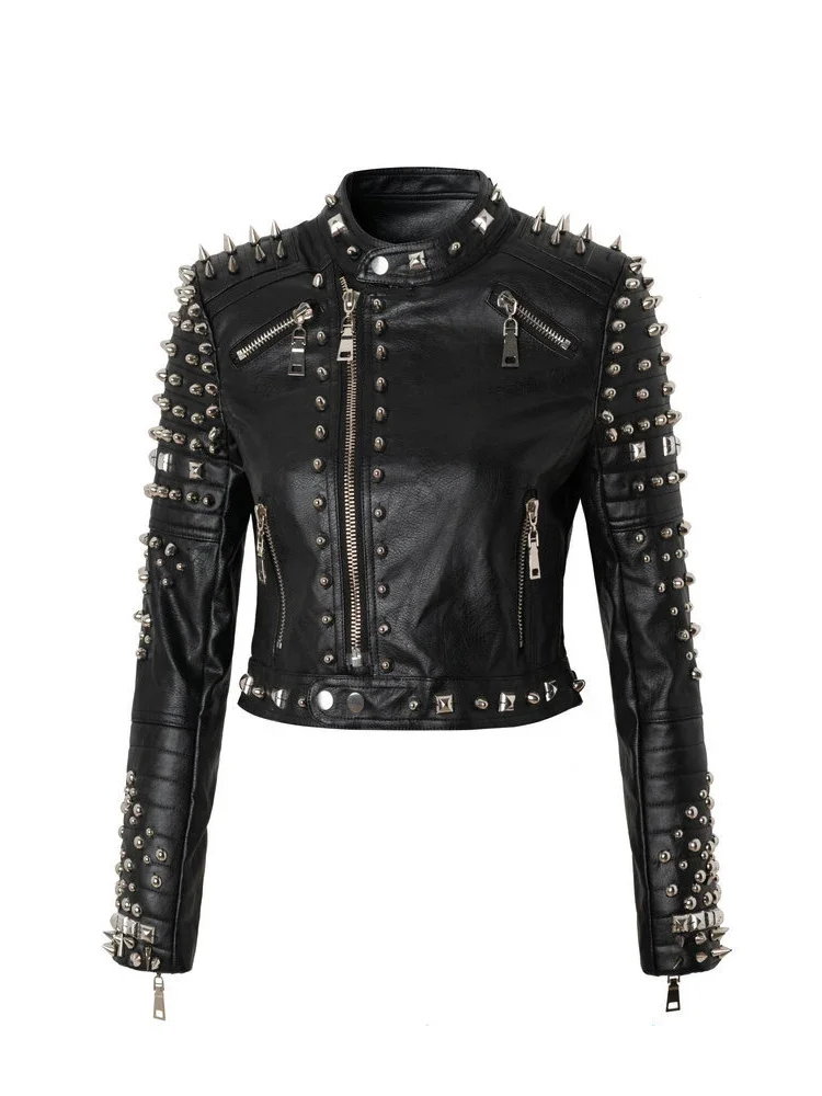 Punk Studded Slim-fit Cropped Leather Jacket for Women 2024 New Streetwear Graffiti Print Black Faux Leather Motorcycle Jacket