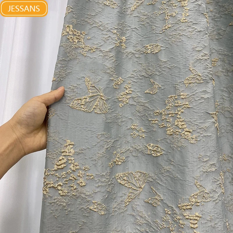 Blue Grey Butterfly Gold Silk Embossed Jacquard Curtains for Bedroom Living Room French Window Villa Customized Finished Product