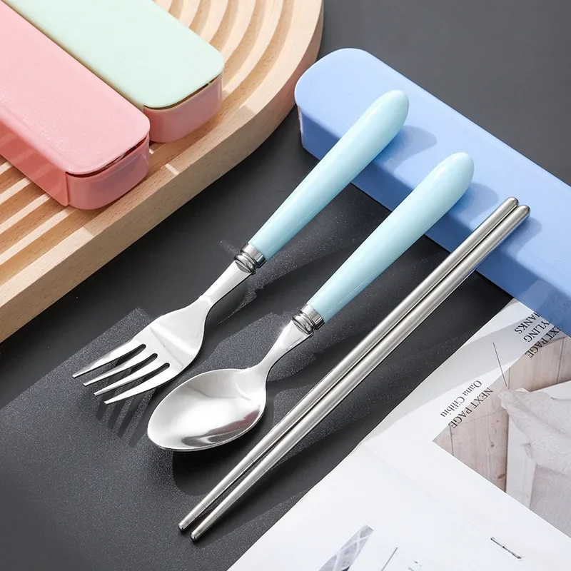 2/3Pcs Spoon Fork Chopstick Cutlery Portable Dinnerware Kit Lunch Tableware With Box Set 401 Stainless Steel Kitchen Accessories