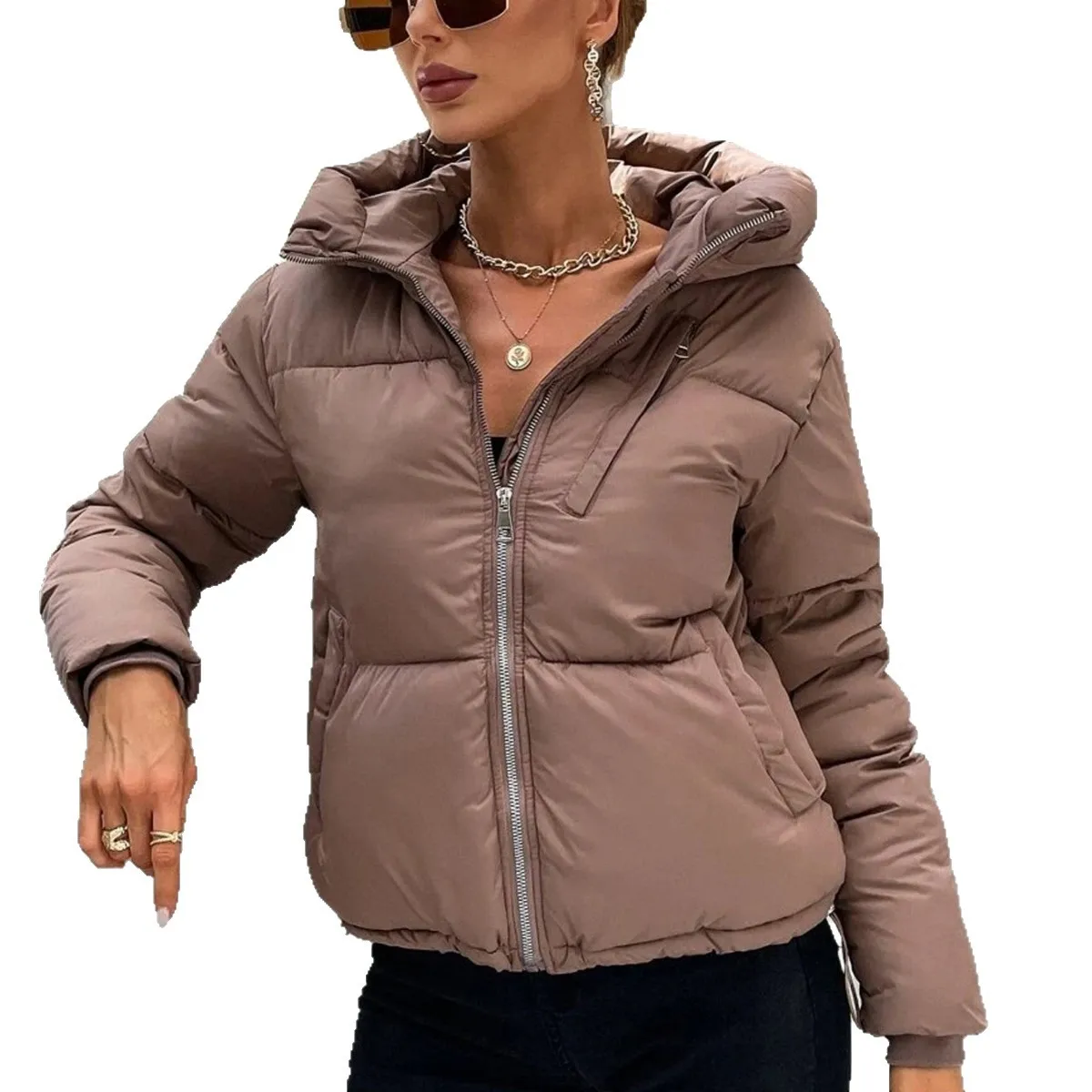 Autumn and winter ladies coat cotton coat bread coat trim waist belt bow hooded cotton coat pocket zipper cold cotton coat
