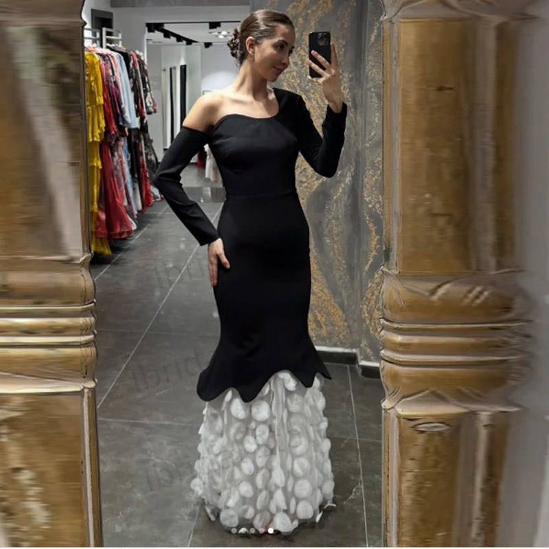 فستان سهرة مخصص على شكل حرف A بطول الأرض وكتف واحد وأكمام طويلة فستان حفلات بسيط على الموضة ثنيات بدون ظهر