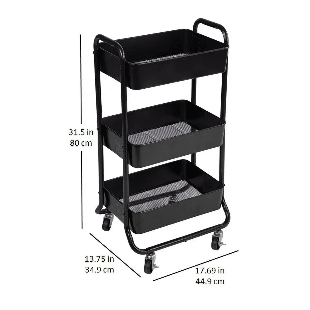 عربة أدوات معدنية مكونة من 3 طبقات، باللون الأسود الغني، سهلة الدوران