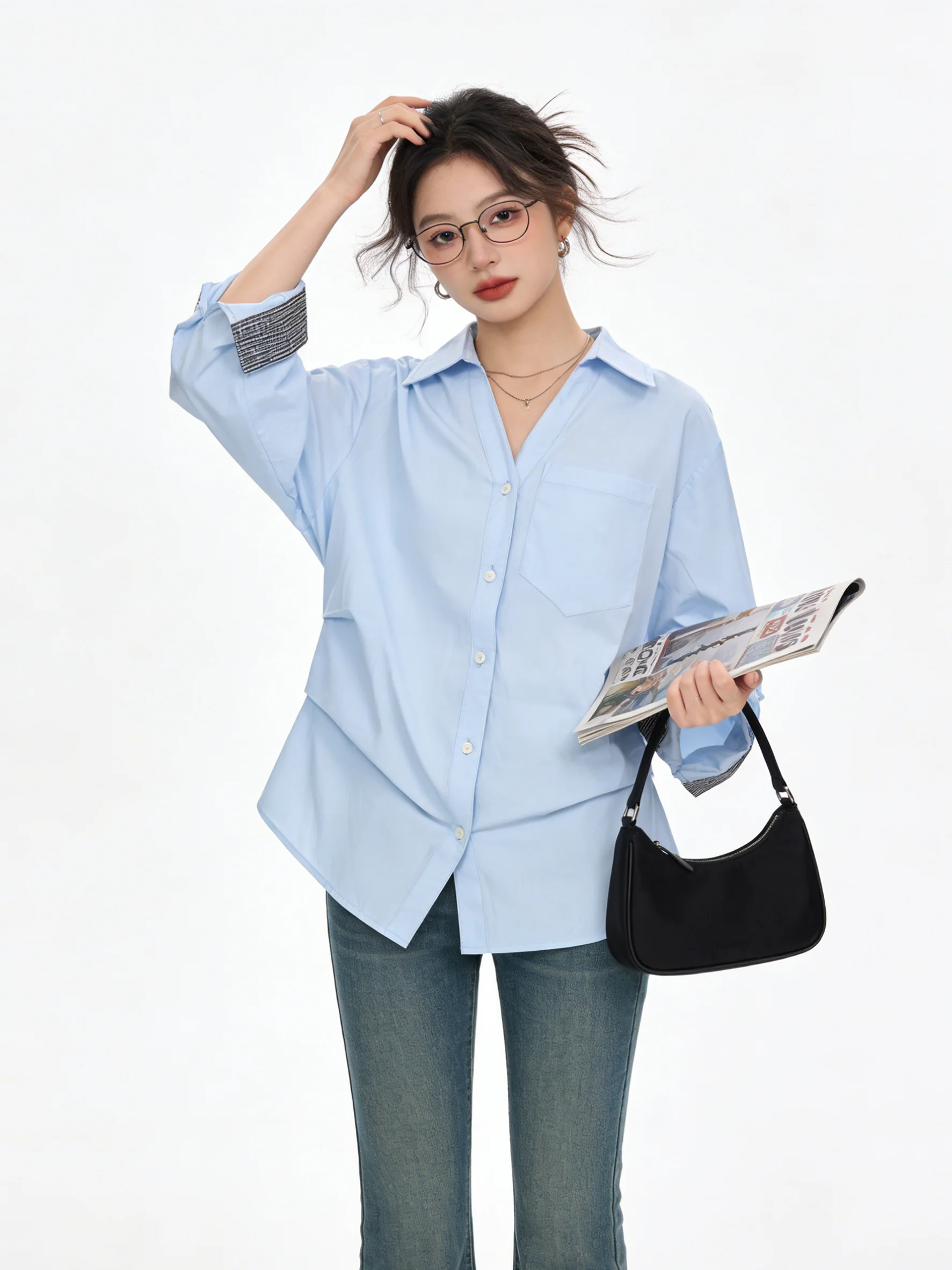 

Элегантная синяя рубашка с воротником, плиссированной талией, стройнящая, с длинным рукавом, в корейском стиле, женская, модная, повседневная, дышащая, свободного кроя