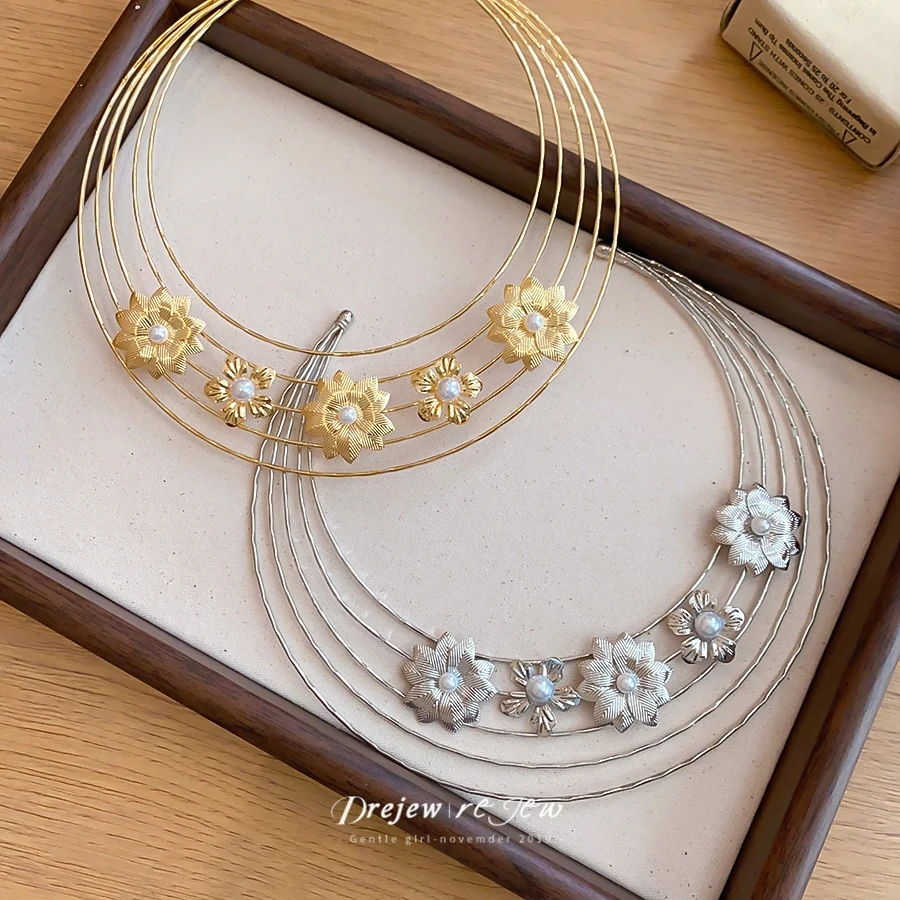 DREJEW Multi-Layer Flower-Shaped Metal Choker Necklaces for Women Options Imitation Pearl Accents Elegant Daily Jewelry
