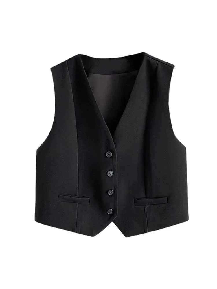 Cropped Vest Women Waistcoat Fashion Buttons Tops Vintage V Neck Sleeveless Coats Outerwear White Black Chic Jacket