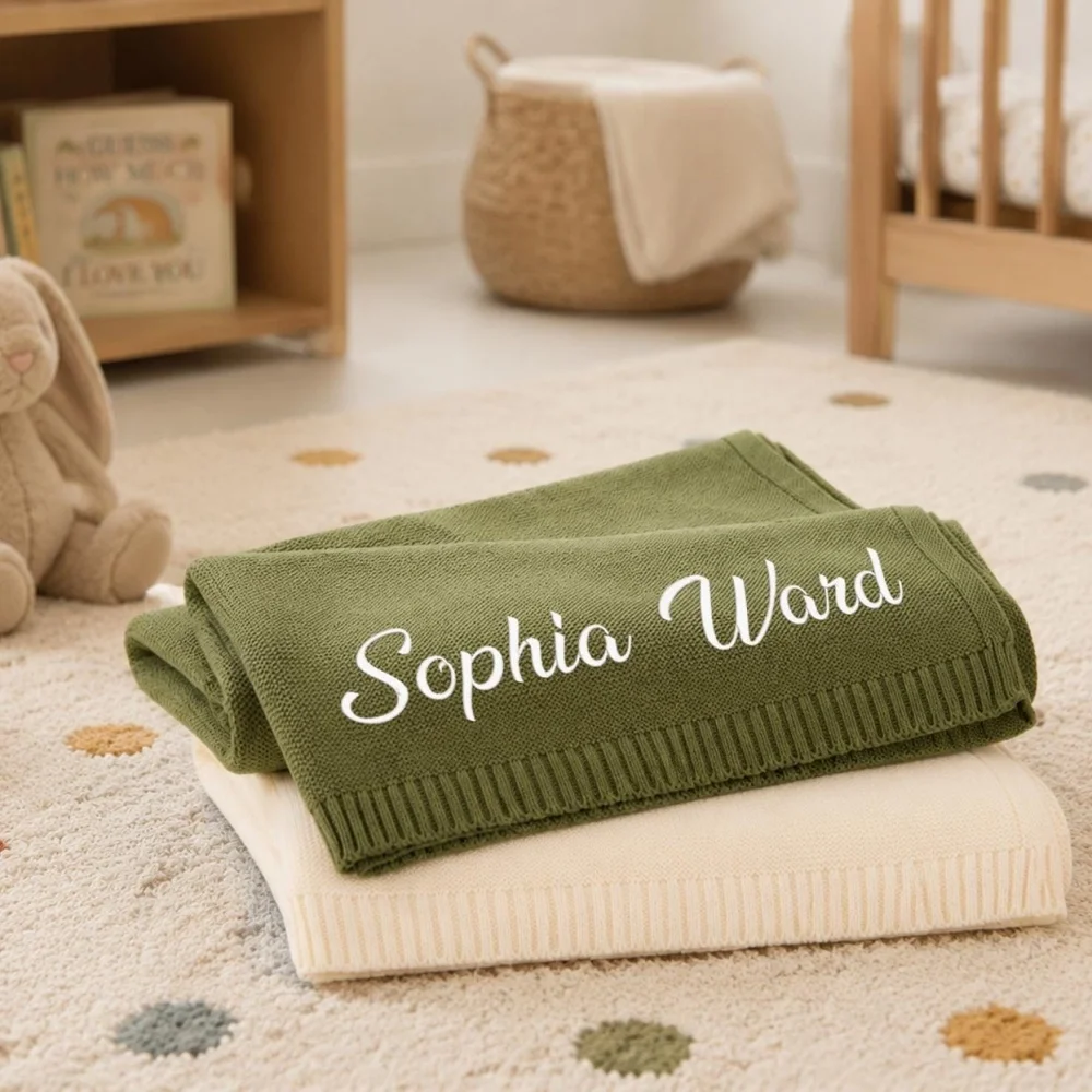 Embroidered Custom Name Baby Knit Blanket, Multi‑Color Soft Infant Crib Stroller Blanket, Unique Keepsake Baby Shower Present