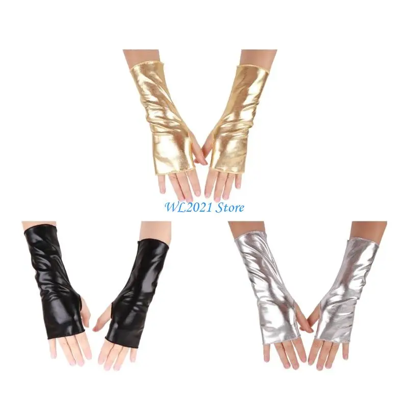 

G5GC Black Glossy Fingerless Gloves Women Dance Halloween Arm Gloves