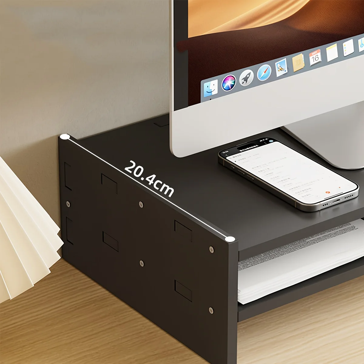 Minimalist PVC Black Monitor Riser, Desktop Stand with Storage Compartments for Keyboard & Mouse, Space-Saving Computer Elevator