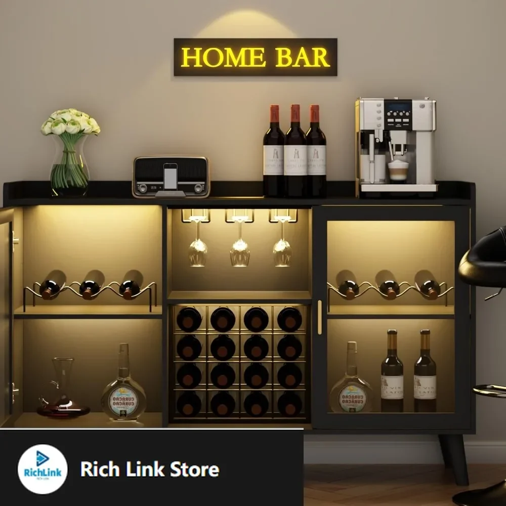 

Wine Bar Cabinet with LED Light, Home Coffee Cabinet with Wine Rack and Glass Holder, Kitchen Buffet Sideboard W Storage Shelf,