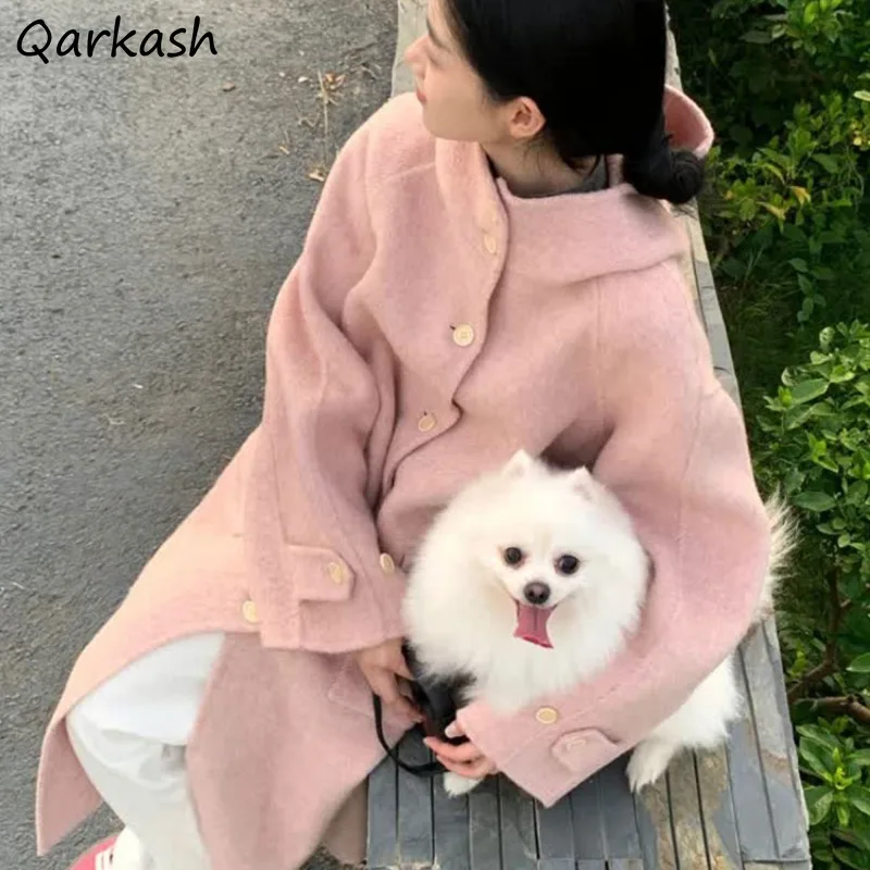 

Смешанные женские мешковатые пальто с капюшоном на пуговицах, модные розовые милые девичьи пальто для колледжа, корейская мода, осень-зима, длинные