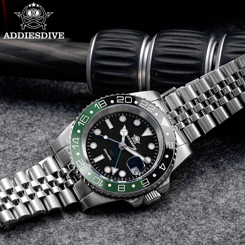 ADDIESDIVE Men's Watches Luxury GMT Quartz Wristwatch Man 40mm AR Coating 200m Dive Waterproof 316L Stainless Steel Watch AD2050