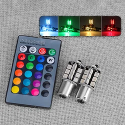 2pcs 1156 BA15S P21W 382 27SMD 5050 RGB LED Reverse Brake DRL Tail Light Lamps Bulbs with Remote Controller DC 12V 5W Universal
