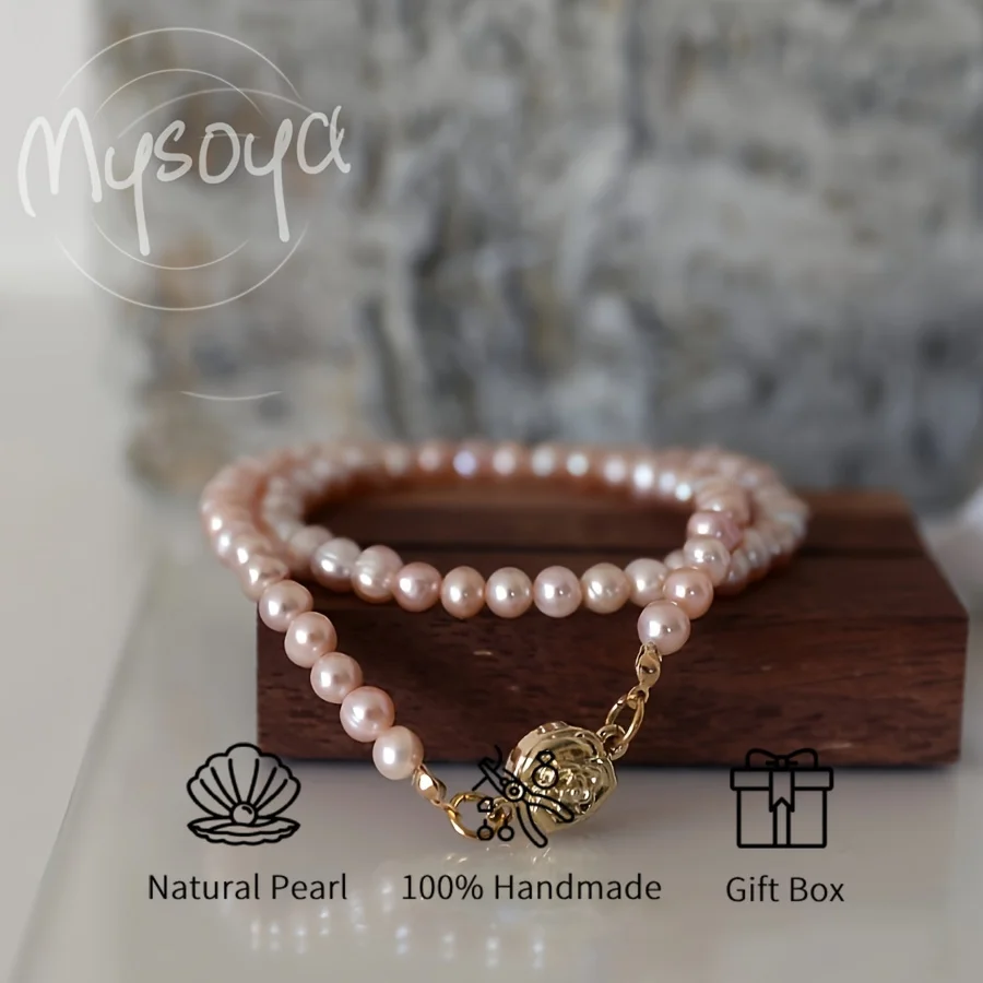 

Mysoya Pink Freshwater Pearl Necklace with Golden Rose Clasp. Available in 7-8mm Genuine Pearls. Perfect for Layering