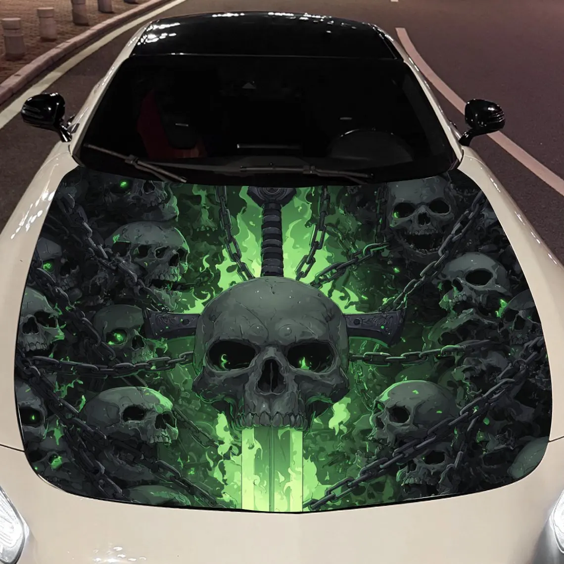 

Netherworld Green - Flame Skulls and Magic Sword Car Vinyl Wrap, PVC Material Waterproof Car Hood Sticker, Self-Adhesive Scratch