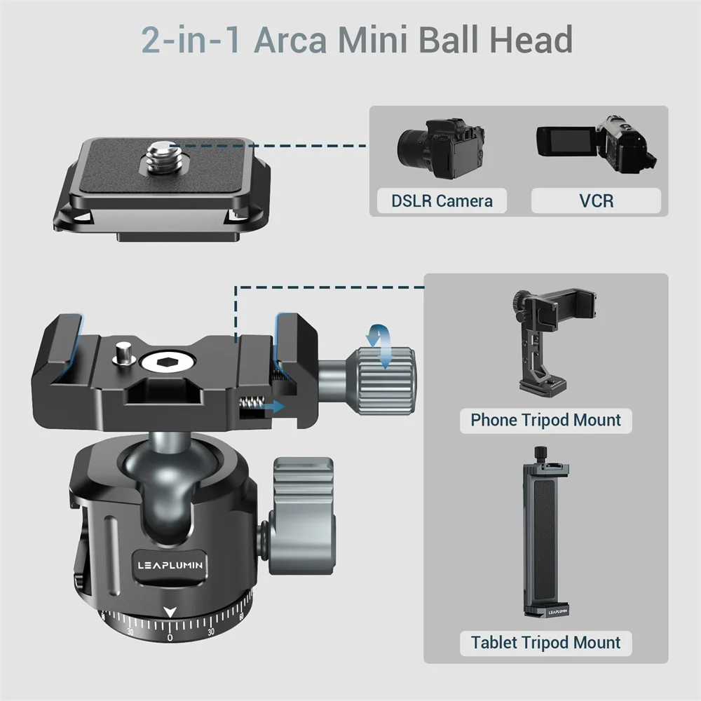 Quick Release Aluminum Tripod Ball Head w Arca Swiss +Cold Shoe Camera Mount for DSLR Camera Monitor Mic Light Tripod Photograph