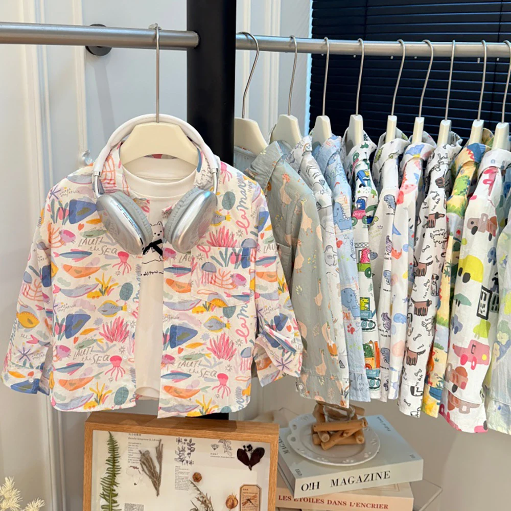 Kids Floral Shirts Spring Autumn Cartoon Print Casual Loose Chest Pocket Shirt for Girls Boys Beach Vacation Children Shirts Top
