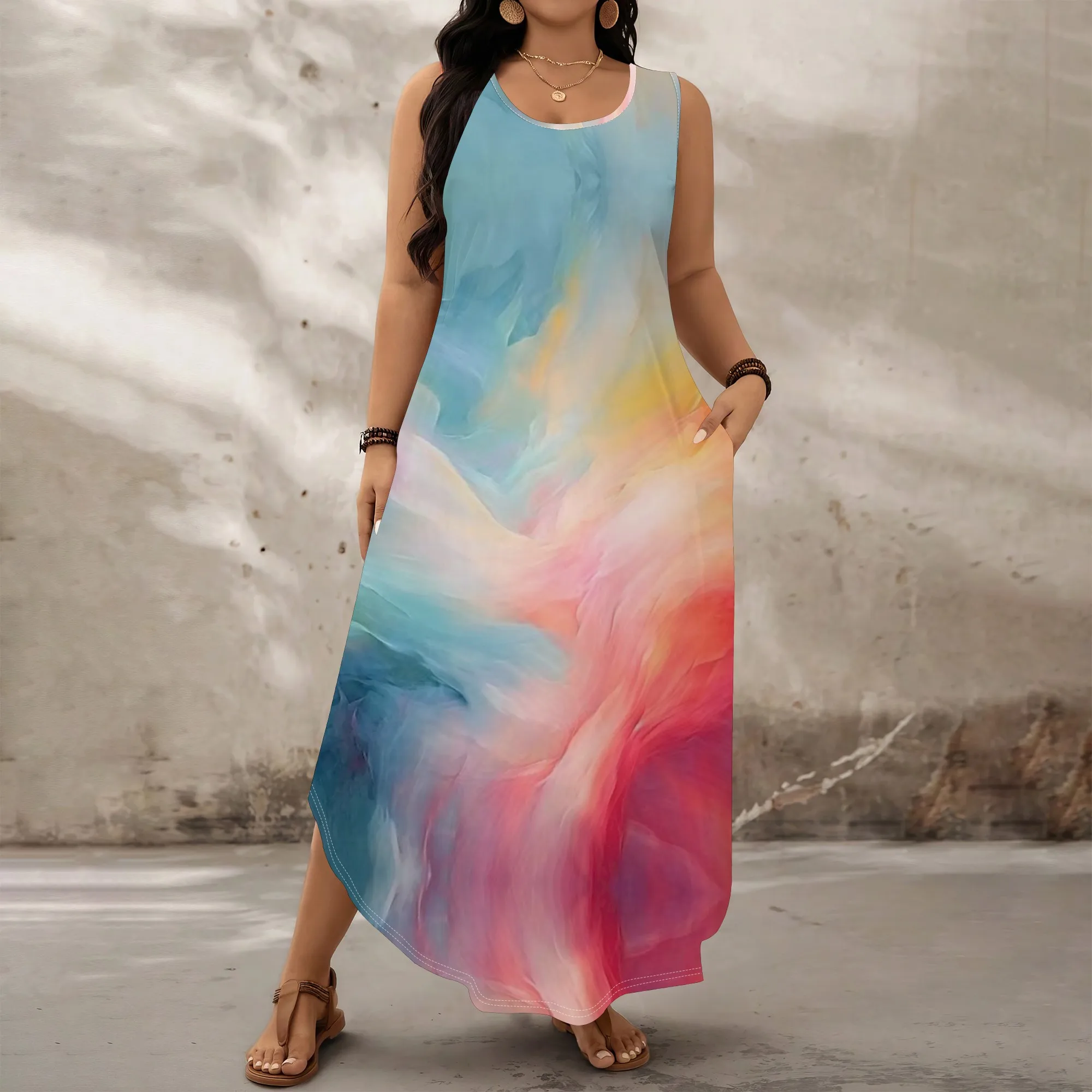 

Colorful Watercolor Print Dress S‑3XL Sleeveless Loose Fit Maxi Style for Summer Vacation, Brunch or Art Streetwear Look