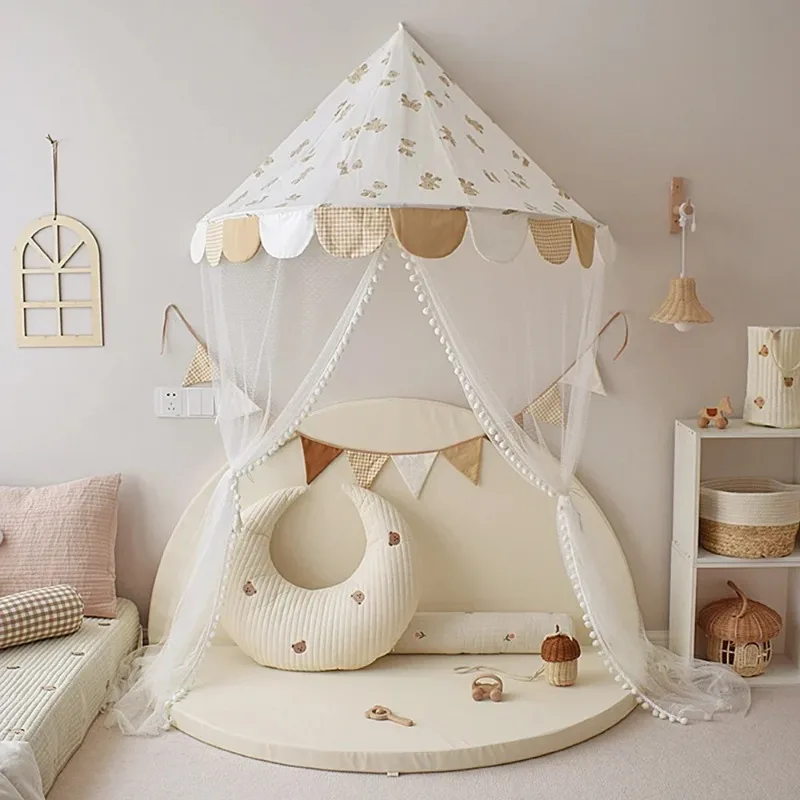 Cute Bear Rose Print Play Tent Nordic Style Baby Bed Tent Canopy Crib Netting Portable Play House for Room Decor