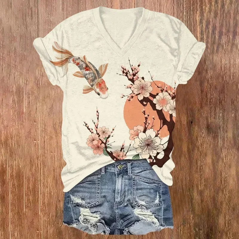 Japanese Cherry Blossoms And Silhouettes Pattern Print Short Sleeved V-neck T-shirt Summer Women's T Shirts