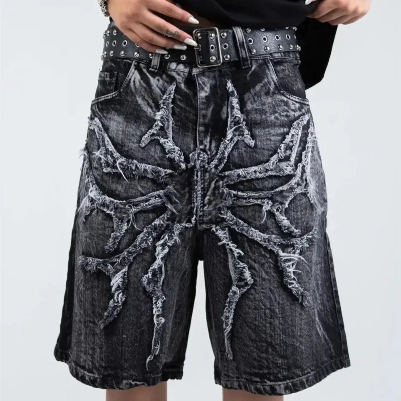 

Goth Retro Men Baggy Unisex Short Pants Y2K Phantom Jeans High Street Spider Embroidered Patch Hip Hop Streetwear Straight Jeans