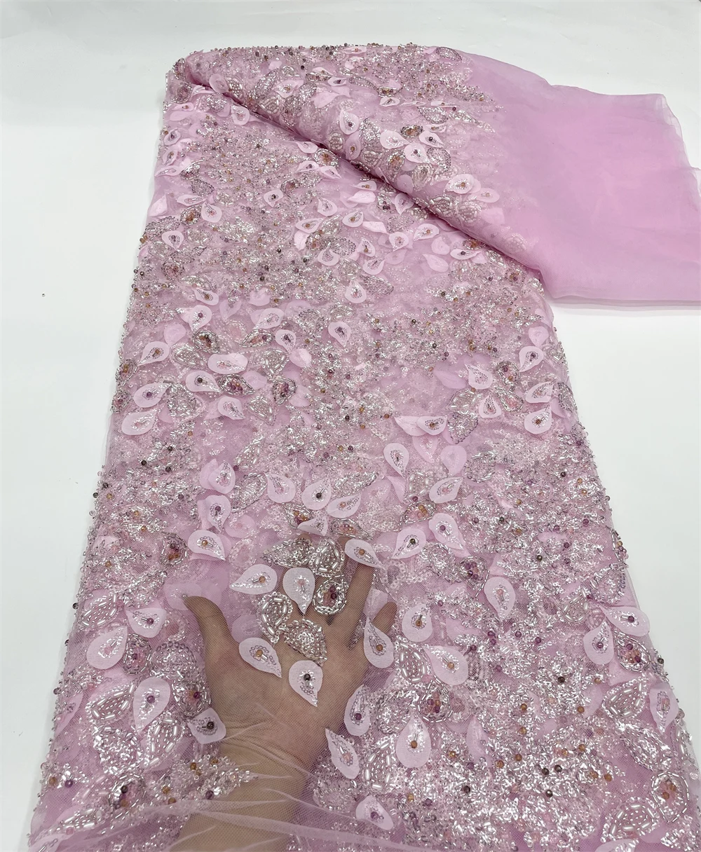 

Pink African Sequins Beaded Lace Fabric, Embroidery Groom Nigerian2024, French Tulle, Wedding Party, High Quality