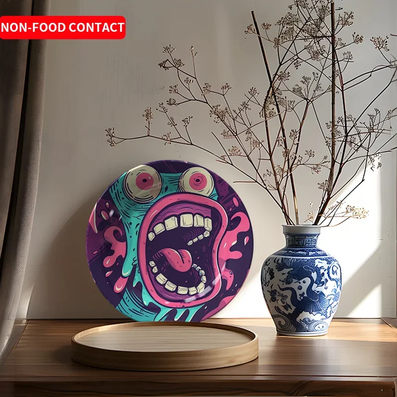 2D Flat, 1pc Large Ceramic Monster Face Wall Plate - 2D Flat Cartoonish Pink & Purple Expressive Eyes & Sharp Teeth Design,