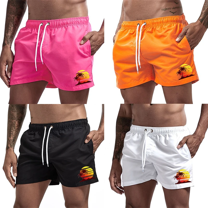 

Мужские плавки с принтом кокосовой пальмы и закатом, летние быстросохнущие шорты с сетчатой подкладкой, боковые карманы, купальники, пляжные шорты
