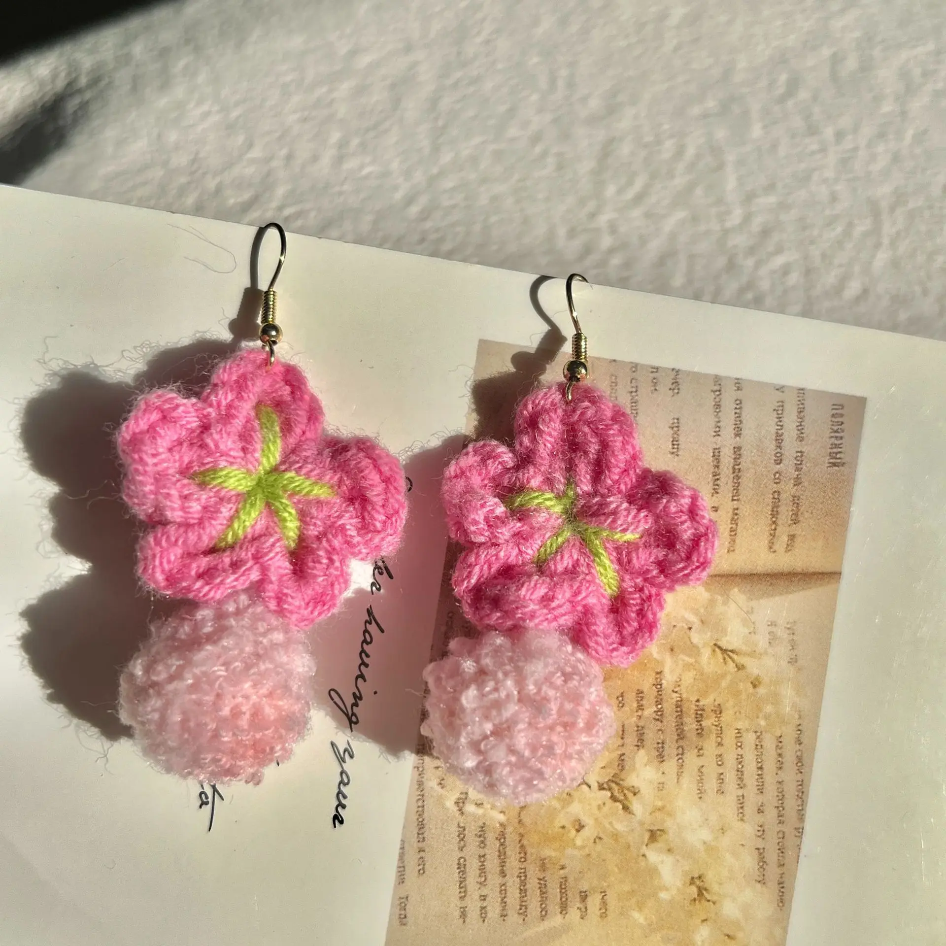 New Stylish Hand Knitting Crocheting Pink Flower Fluffy Ball Pendant Hook Earrings Cute Fashion Jewelry for Kids Students Ladies