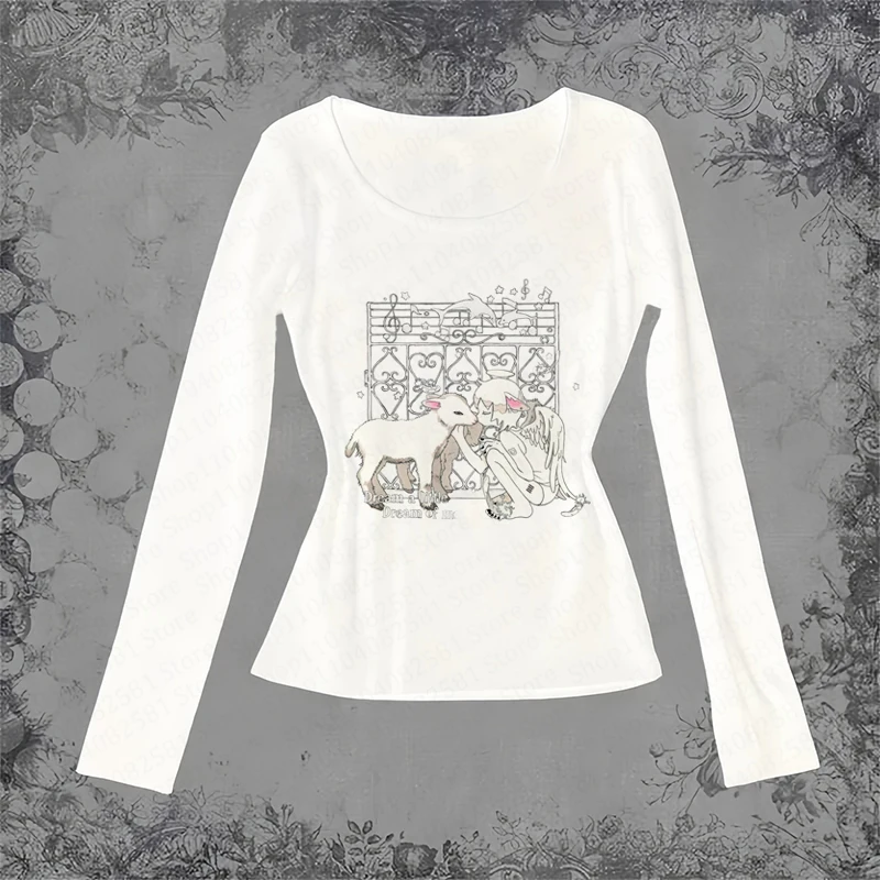 

Y2k style cute pattern T-shirt slim fit cartoon pattern punk women's long sleeved sexy streetwear Emo girl 2000s cute fashion