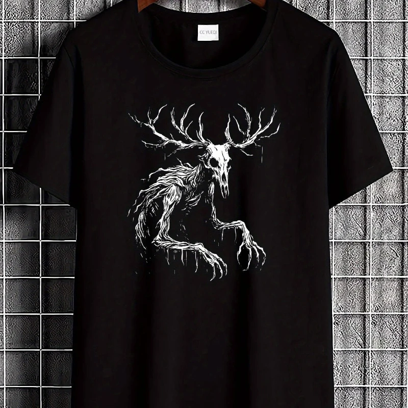 Autumn and Winter Men's Wendigo Winter Night Nightmare Gothic Horror T-shirt - Wendigo Monster and Northern Lights Print