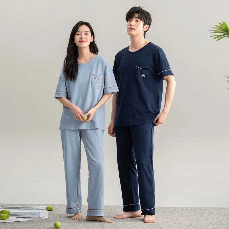 

Korean Fashion Cotton Pajamas Set for Couples Summer Short Sleeves Long Pant Nightwear Women and Men Matching Homewear Lovers