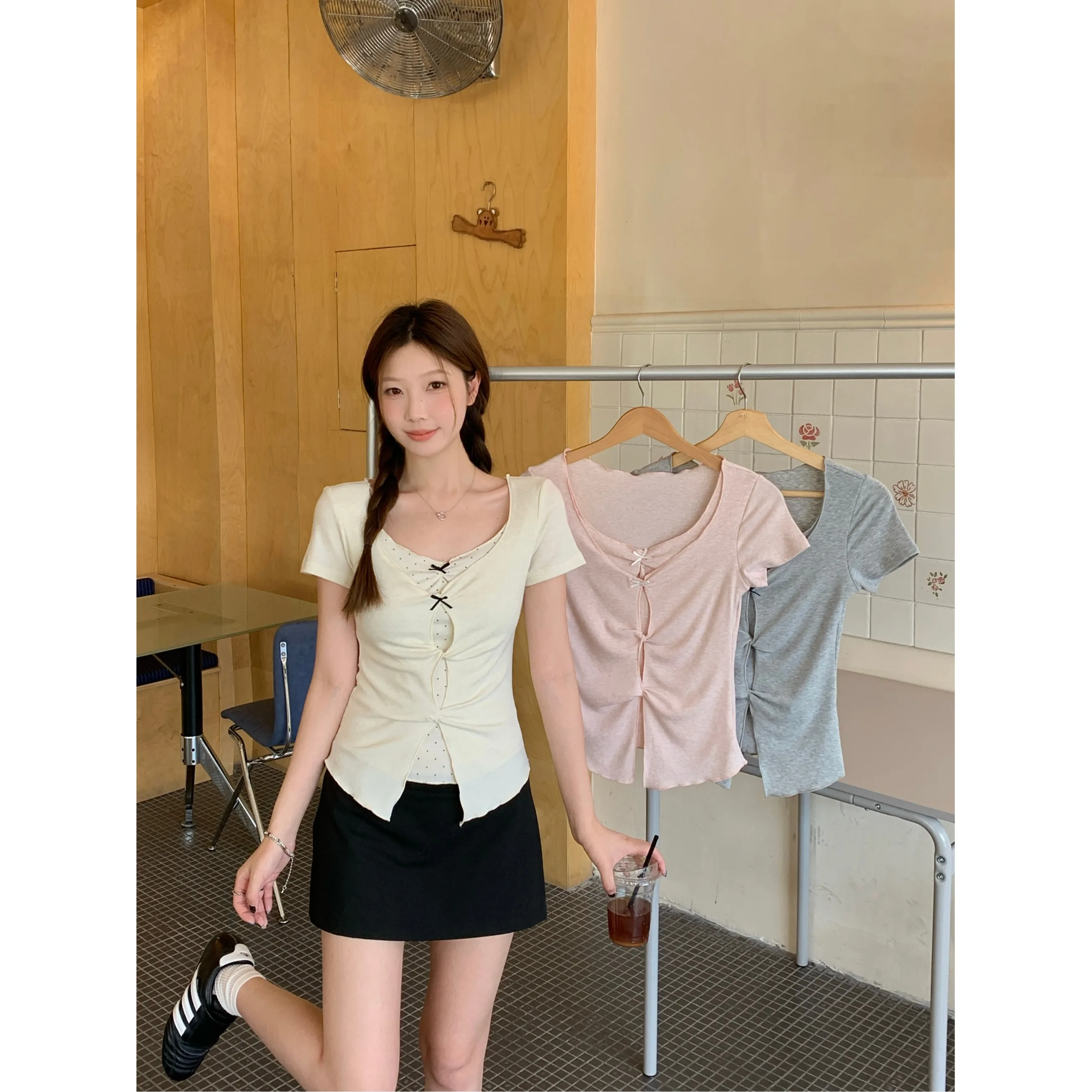 

Slimming Design Polka Dot Knot Short Sleeve T-Shirt for plus Size Women Korean Style Casual Top Polyester Fiber