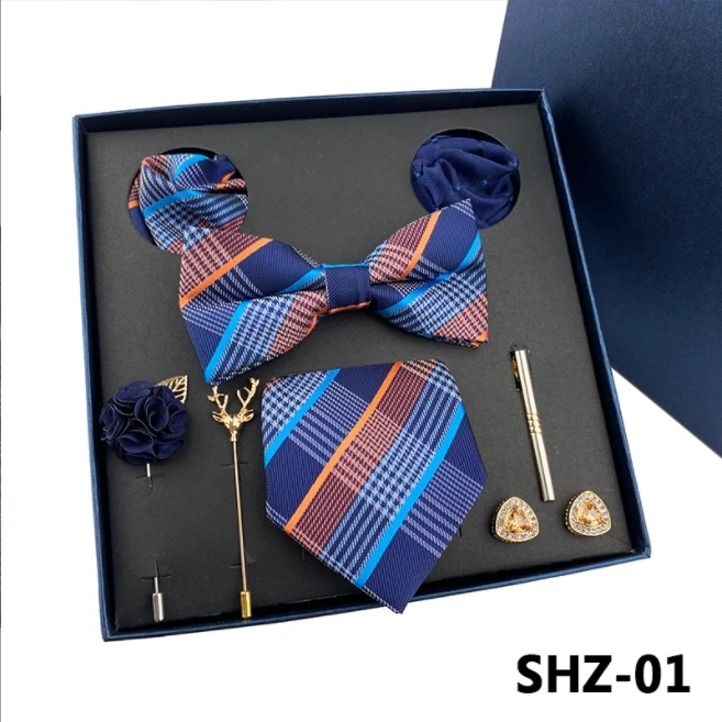 Unique Design Men's Tie Set Tie Bowtie Handkerchief Cufflinks Brooch 8 Piece Gift Box Silk Solid Tie Suitable for Wedding Gift