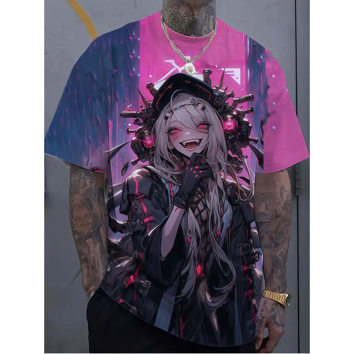 Men's 3D cartoon tattoo girl T-shirt 3D printed Harajuku street style short sleeved casual and comfortable top