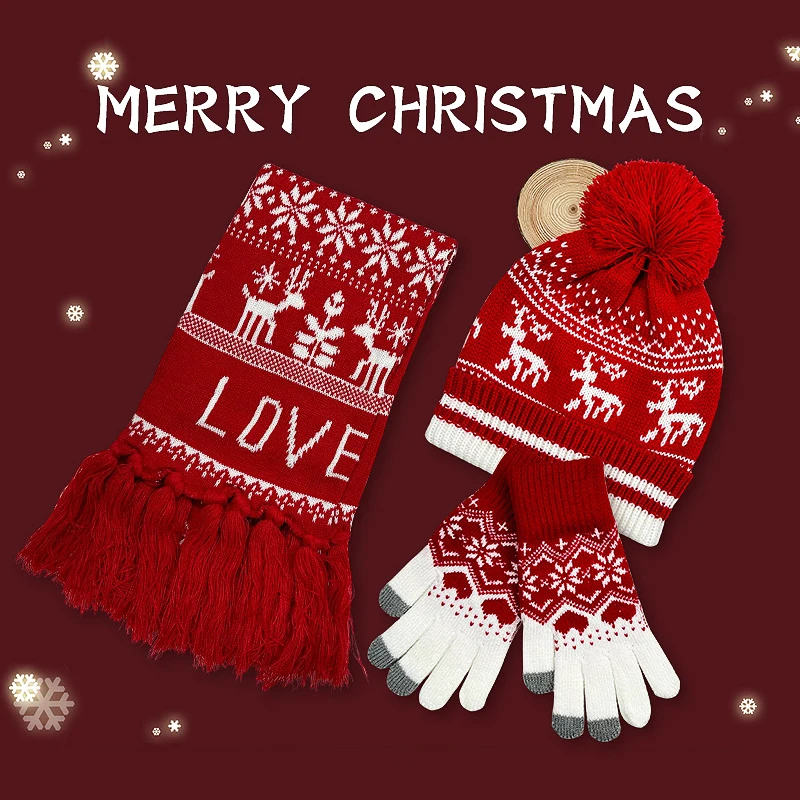 3 Pieces Women Winter Keep Warm Set Thicken Soft Gloves Scarf Christmas Snowflake Elk Jacquard Hat Snow Design Neckerchief