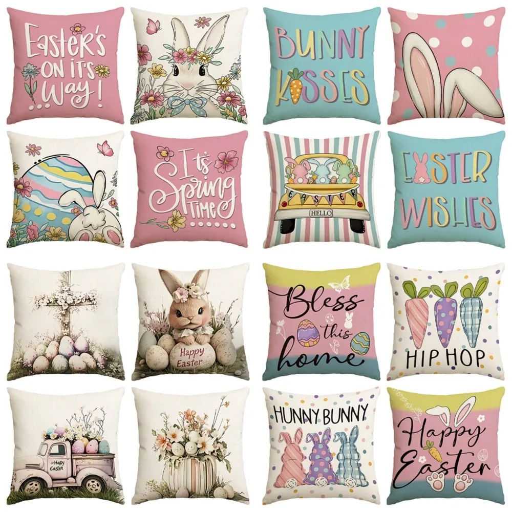 4pcs Spring Easter Happy Throw Pillow, Cute Rabbit, Plant Flowers, Double-Sided Printed Design, Soft Plush Cushion with Insert
