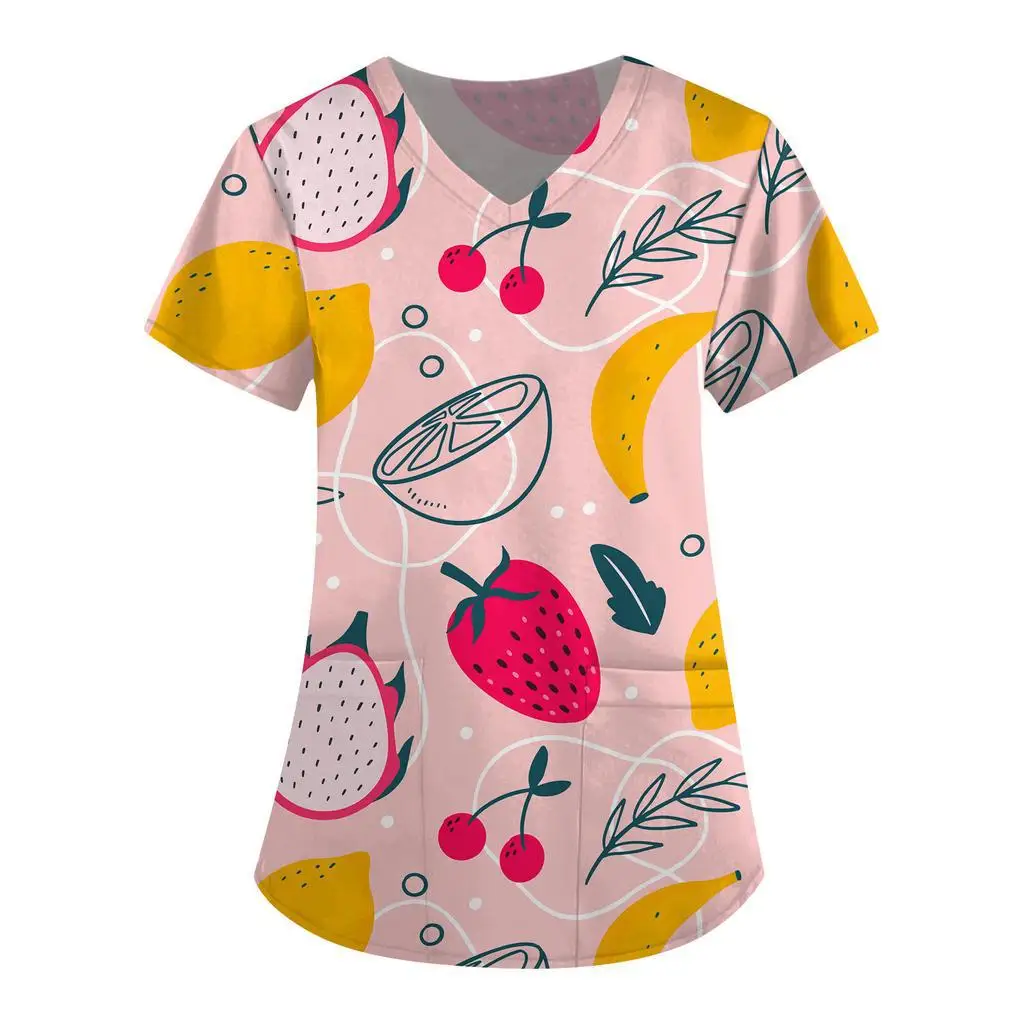 2025 European and American nursing clothestoc women's nursing clothes fruit pattern 3D printing V-neck work uniform T-shirt