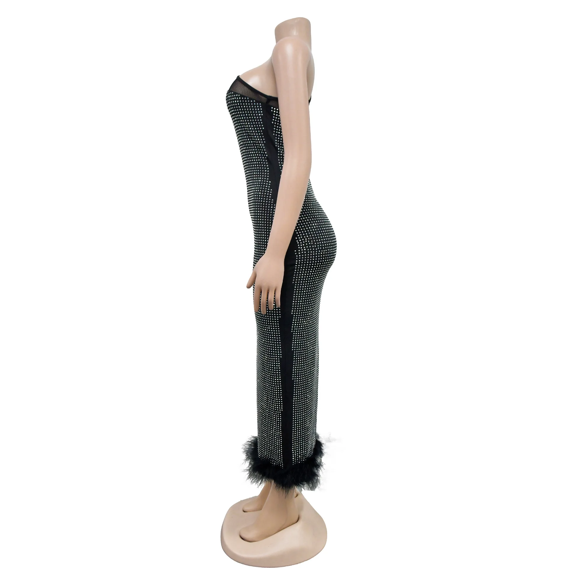 Nowa Moda Sexy Bez Rękawów Jedno Ramię Asymetryczny Dekolt Cekiny Siateczka Prześwitująca Jednolity Kolor Dopasowana Sukienka Do Kostek Z Piórami Dla