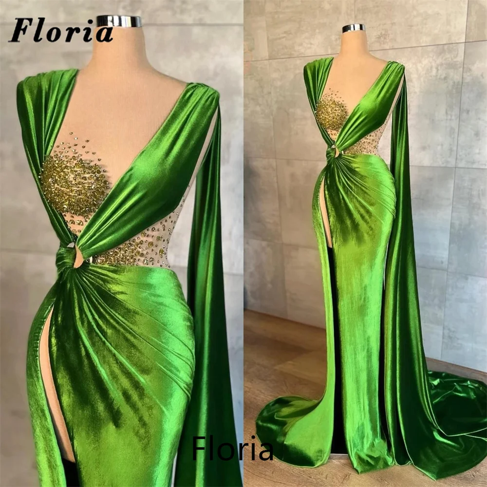 

Floria Elegant Green Cut Out Women Evening Dresses Turkish Dubai Beading Party Dress For Wedding Guest Velvet Crystal Prom Dress